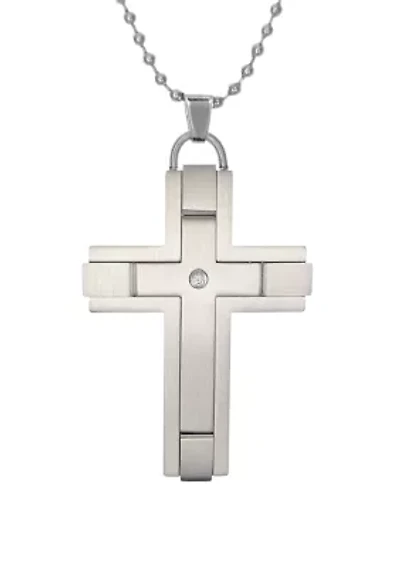 Mens Stainless Steel Cross Pendant with .02 cttw Diamond Accent