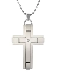 Mens Stainless Steel Cross Pendant with .02 cttw Diamond Accent