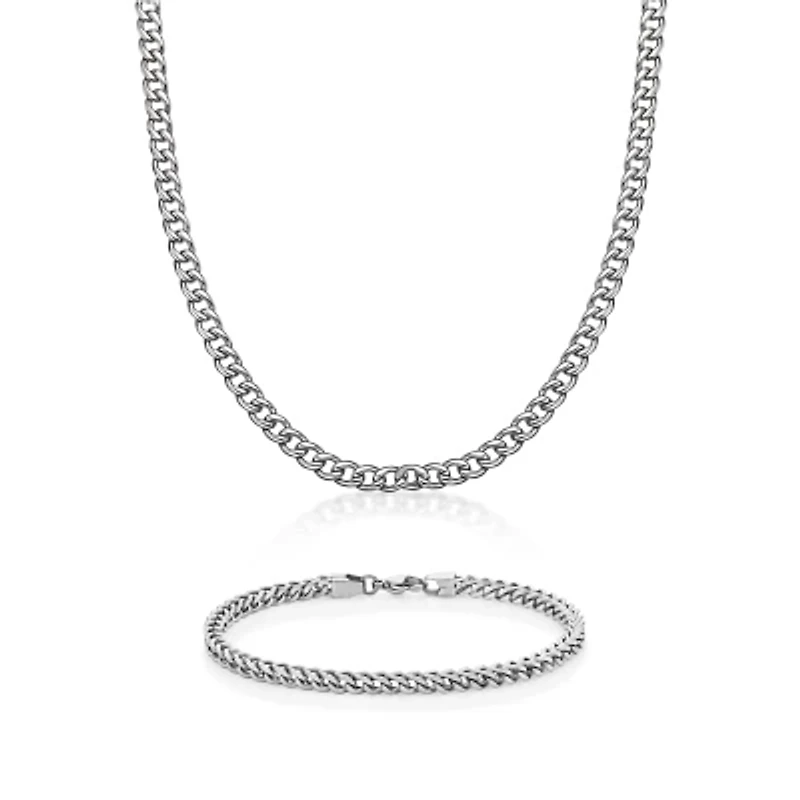Stainless Steel Curb Chain Necklace & Bracelet Set