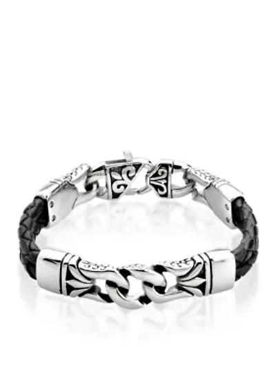 Men's Stainless Steel and Black Leather Bracelet