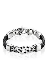 Men's Stainless Steel and Black Leather Bracelet