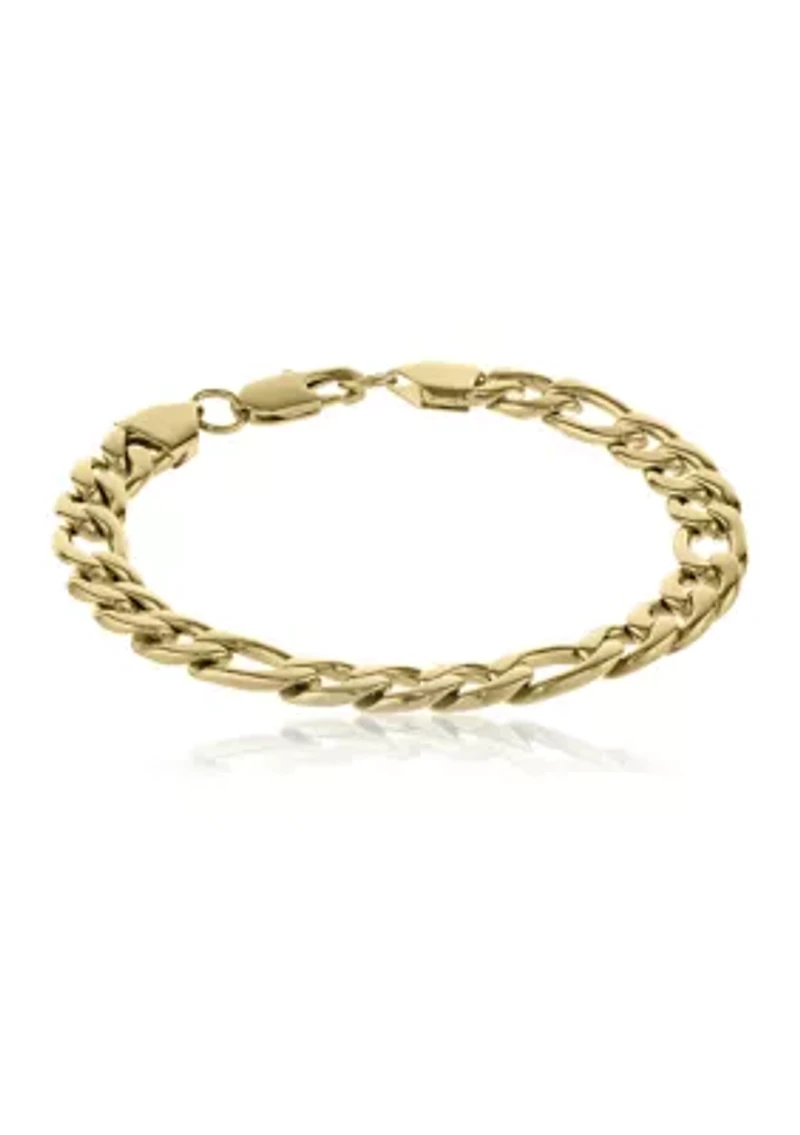 Stainless Steel 9 Millimeter Figaro Chain Bracelet with Gold Tone Ion Plating, 9 Inch