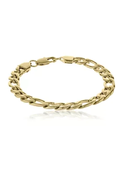 Stainless Steel 9 Millimeter Figaro Chain Bracelet with Gold Tone Ion Plating, 9 Inch