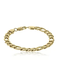 Stainless Steel 9 Millimeter Figaro Chain Bracelet with Gold Tone Ion Plating, 9 Inch