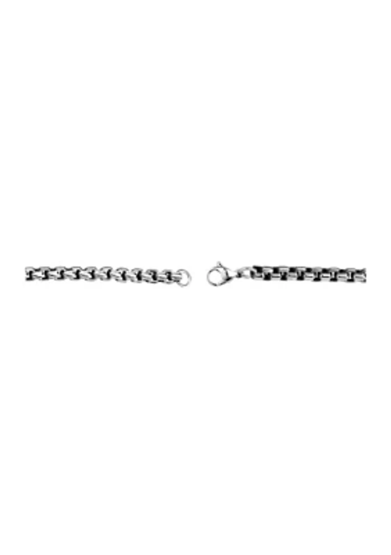 Stainless Steel 5.5 Millimeter Round Box Chain Bracelet with Black Plating Inlay, 9 Inch