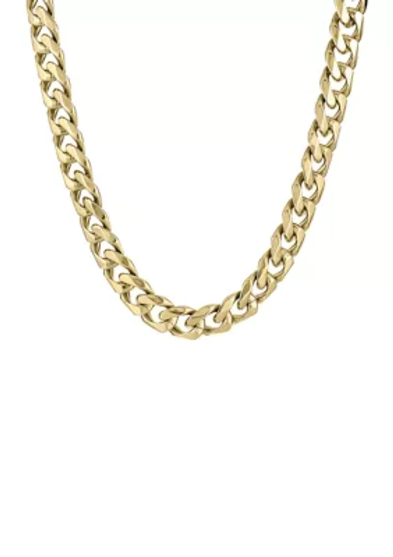 Stainless Steel 11 Millimeter Cuban Chain Necklace with Gold Tone Ion Plating