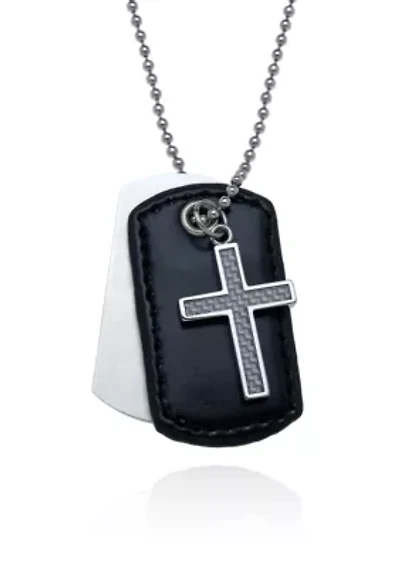 Men's Stainless Steel Cross and Leather Dog Tag Pendant