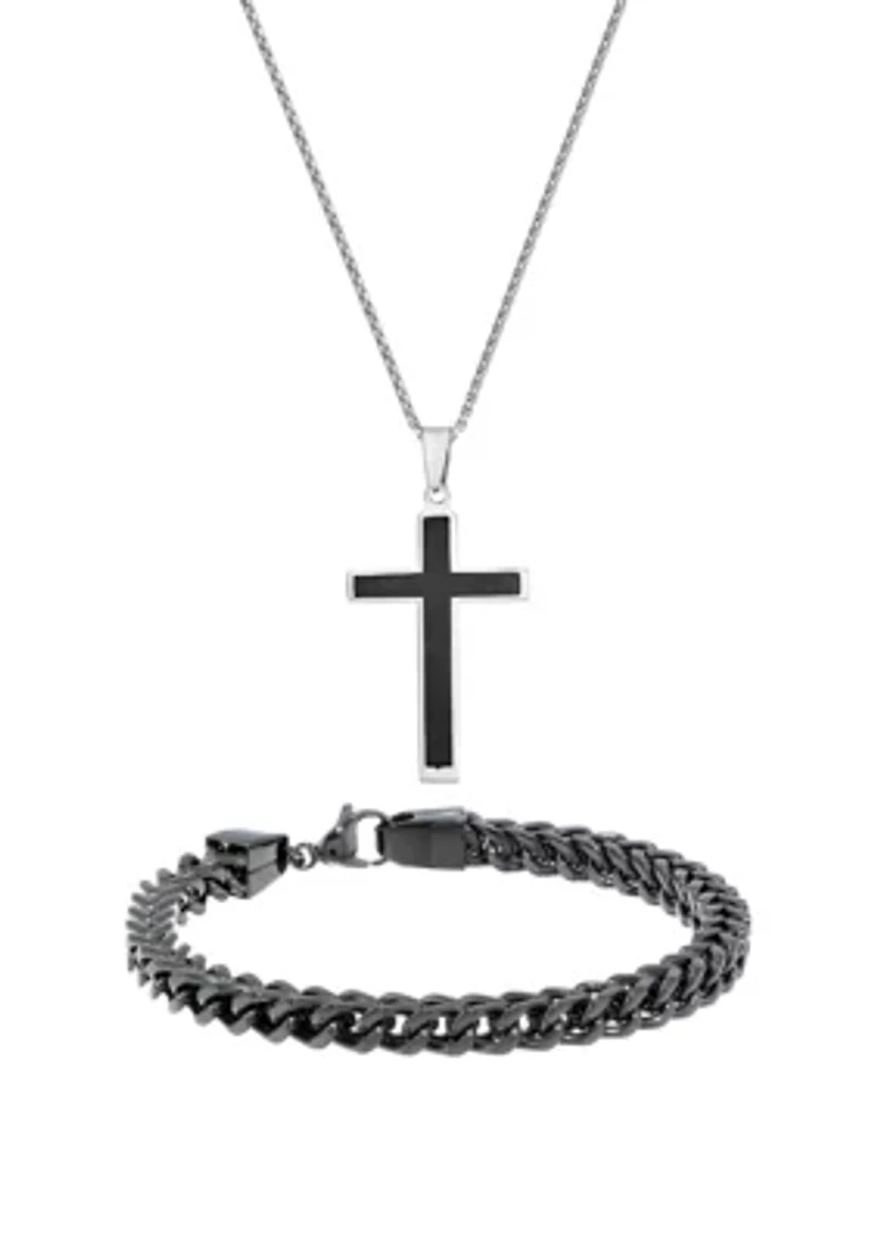 Stainless Steel Cross Pendant and 6 Millimeter Foxtail Chain Bracelet with Black Ion Plating in a Box Set