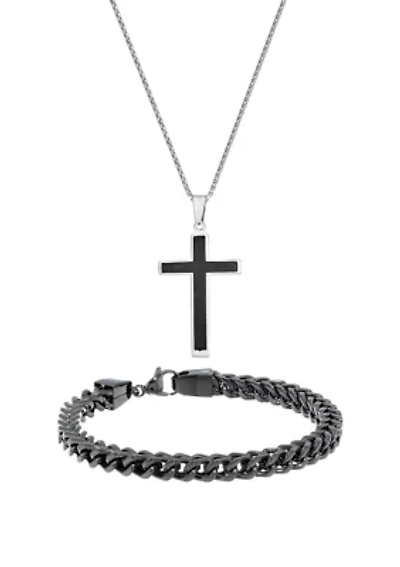 Stainless Steel Cross Pendant and 6 Millimeter Foxtail Chain Bracelet with Black Ion Plating in a Box Set