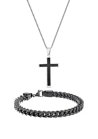 Stainless Steel Cross Pendant and 6 Millimeter Foxtail Chain Bracelet with Black Ion Plating in a Box Set