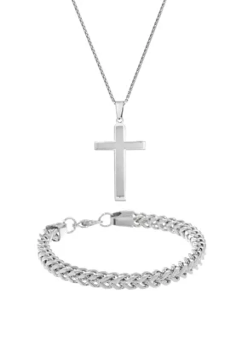 Stainless Steel Cross Pendant and 6 Millimeter Foxtail Chain Bracelet in a Box Set