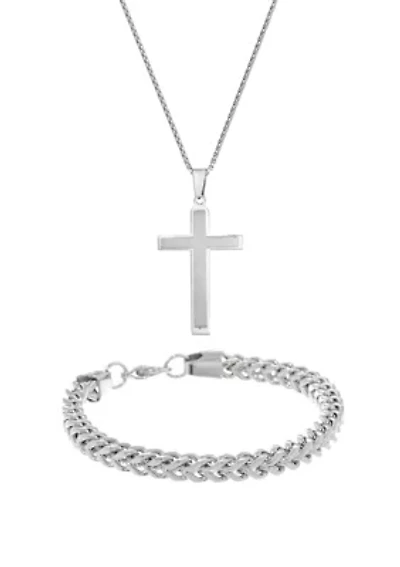 Stainless Steel Cross Pendant and 6 Millimeter Foxtail Chain Bracelet in a Box Set