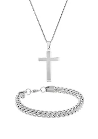 Stainless Steel Cross Pendant and 6 Millimeter Foxtail Chain Bracelet in a Box Set