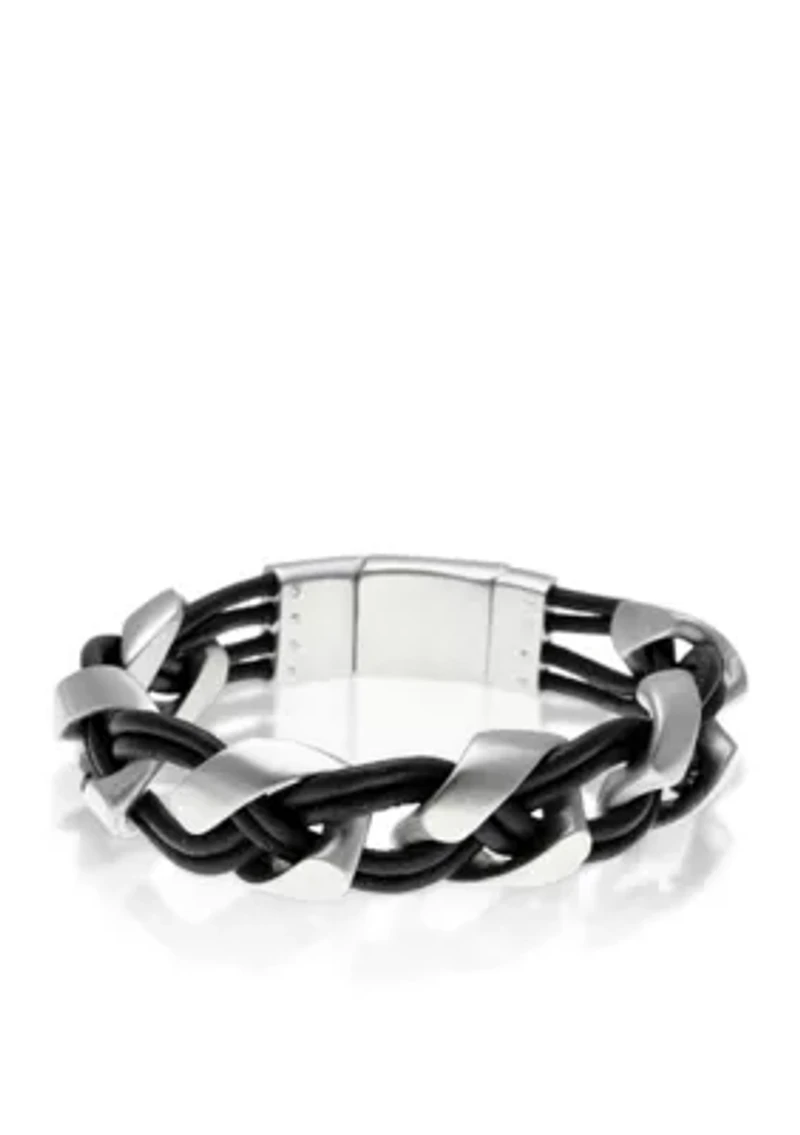 Men's Stainless Steel and Black Leather Bracelet