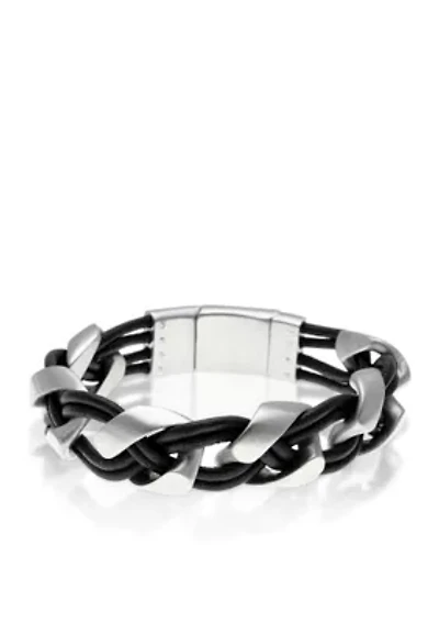 Men's Stainless Steel and Black Leather Bracelet