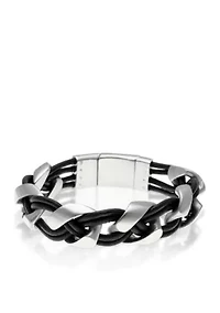 Men's Stainless Steel and Black Leather Bracelet