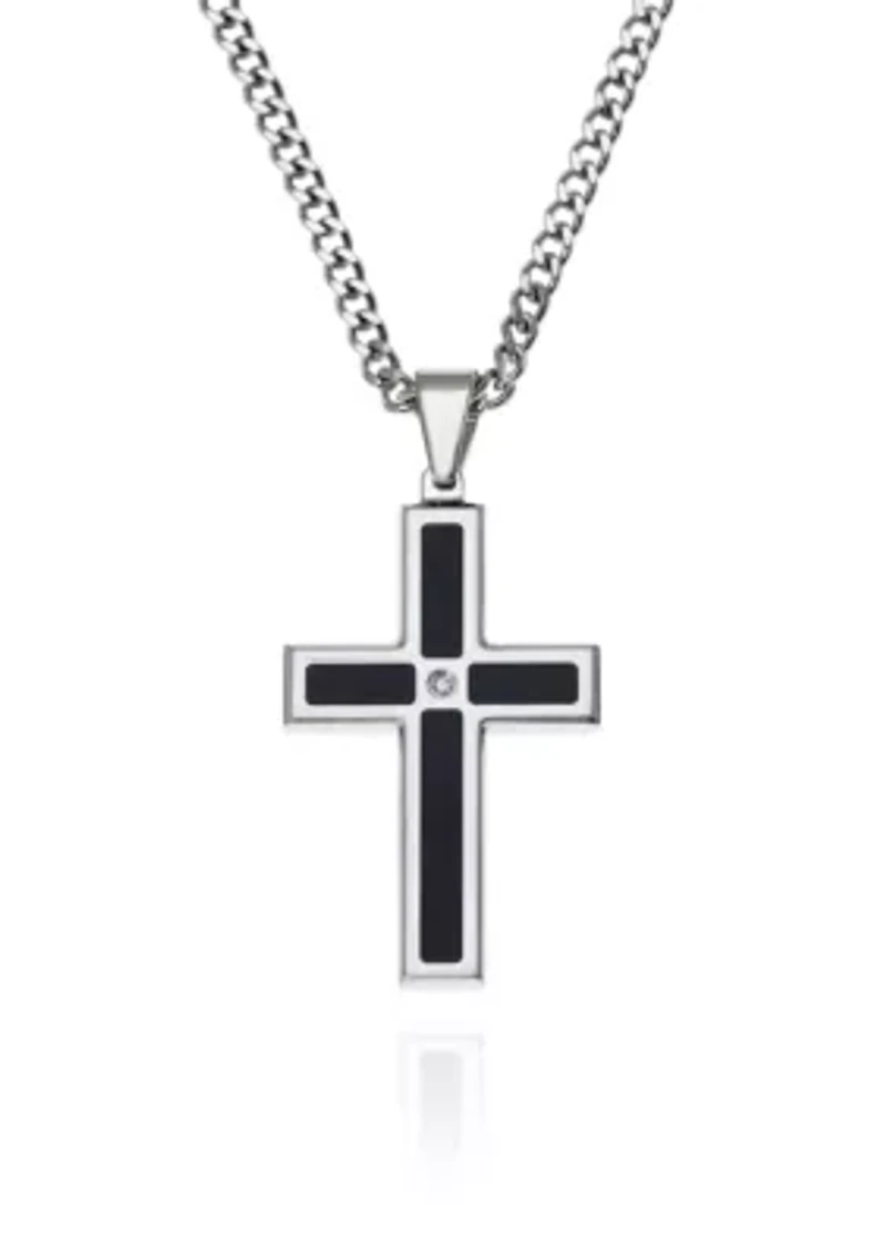 Men's Stainless Steel Black Resin and Diamond Cross Pendant