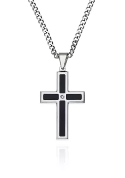 Men's Stainless Steel Black Resin and Diamond Cross Pendant