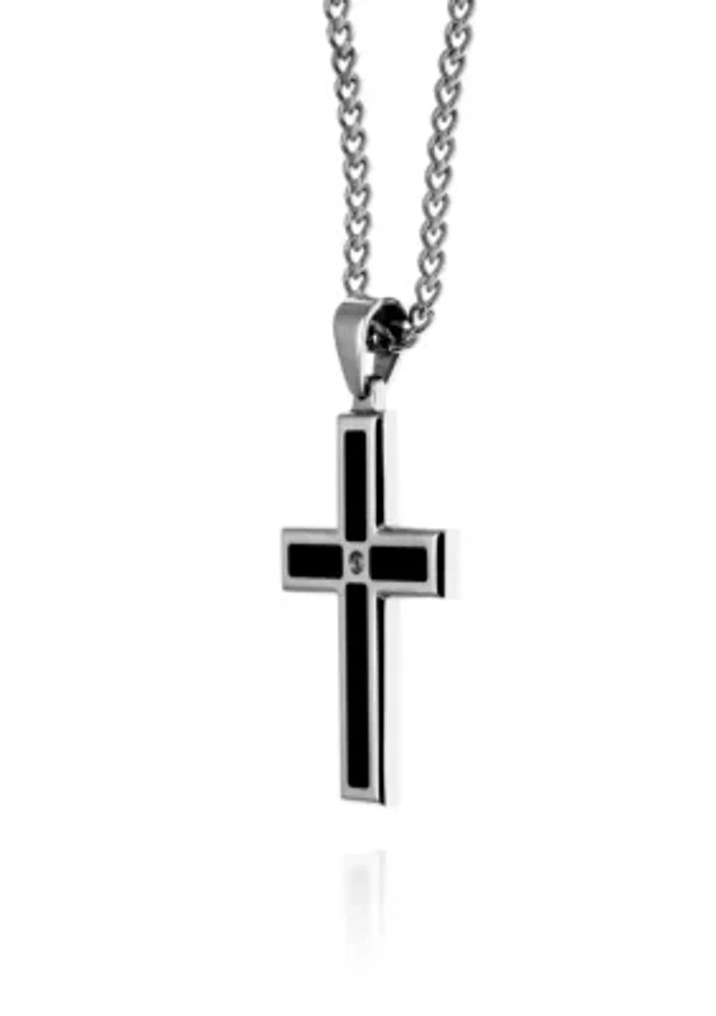 Men's Stainless Steel Black Resin and Diamond Cross Pendant