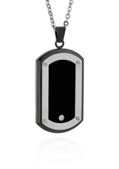 Men's Stainless Steel Black Resin and Cubic Zirconia Dog Tag Pendant