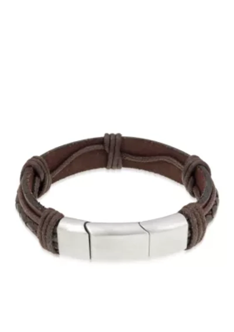 Men's Stainless Steel And Brown Leather Bracelet