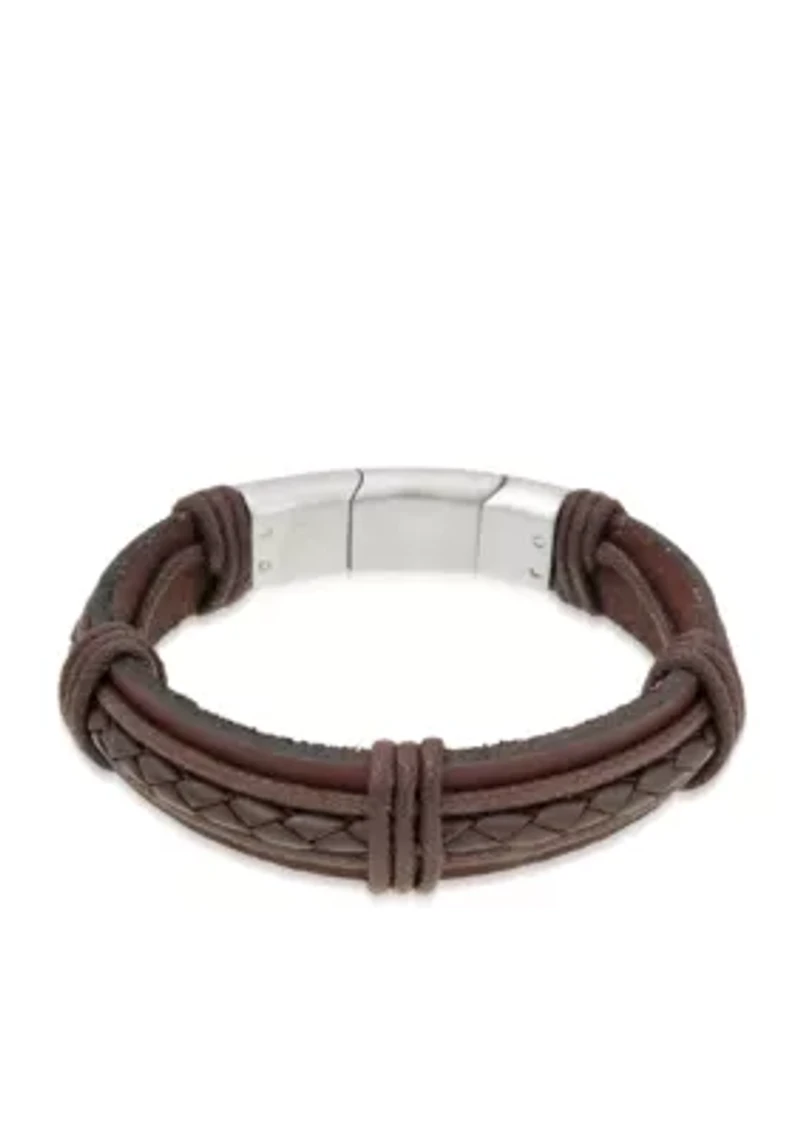 Men's Stainless Steel And Brown Leather Bracelet