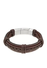 Men's Stainless Steel And Brown Leather Bracelet