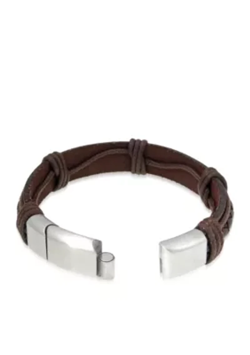 Men's Stainless Steel And Brown Leather Bracelet