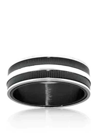 Men's Stainless Steel Ring with Black Ion Plating and Ribbed Texture
