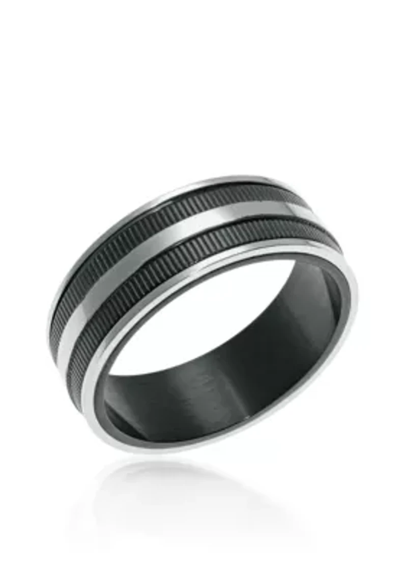 Men's Stainless Steel Ring with Black Ion Plating and Ribbed Texture