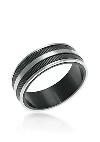 Men's Stainless Steel Ring with Black Ion Plating and Ribbed Texture