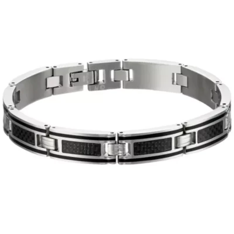 Stainless Steel Link Bracelet with Carbon Fiber and Black Resin