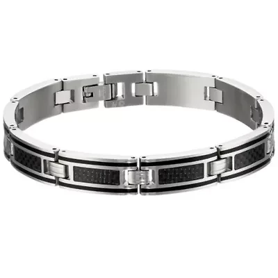 Stainless Steel Link Bracelet with Carbon Fiber and Black Resin