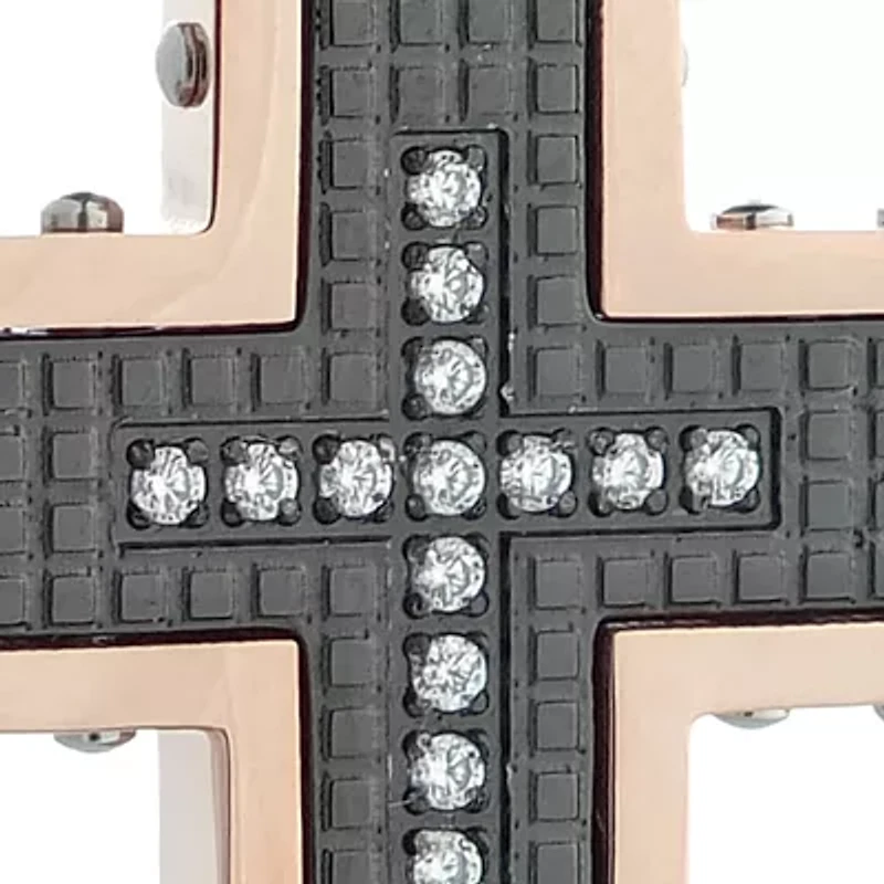 Men's Stainless Steel Textured Cross Pendant with Cubic Zirconia Center