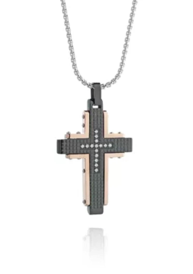 Men's Stainless Steel Textured Cross Pendant with Cubic Zirconia Center