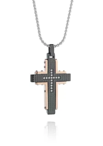Men's Stainless Steel Textured Cross Pendant with Cubic Zirconia Center