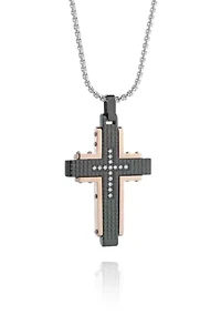 Men's Stainless Steel Textured Cross Pendant with Cubic Zirconia Center