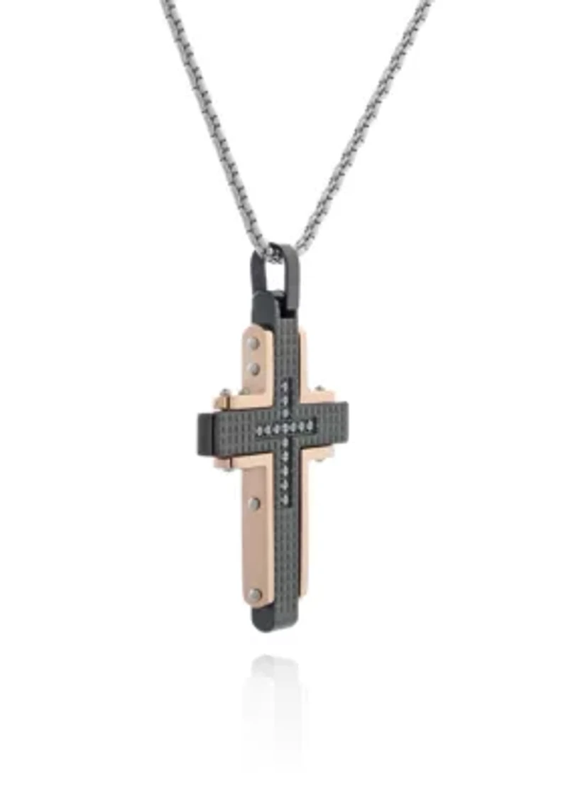 Men's Stainless Steel Textured Cross Pendant with Cubic Zirconia Center