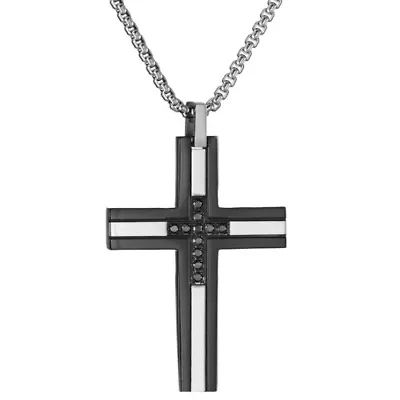 Stainless Steel 1/6 ct. TDW Black Diamond Cross Pendant Necklace