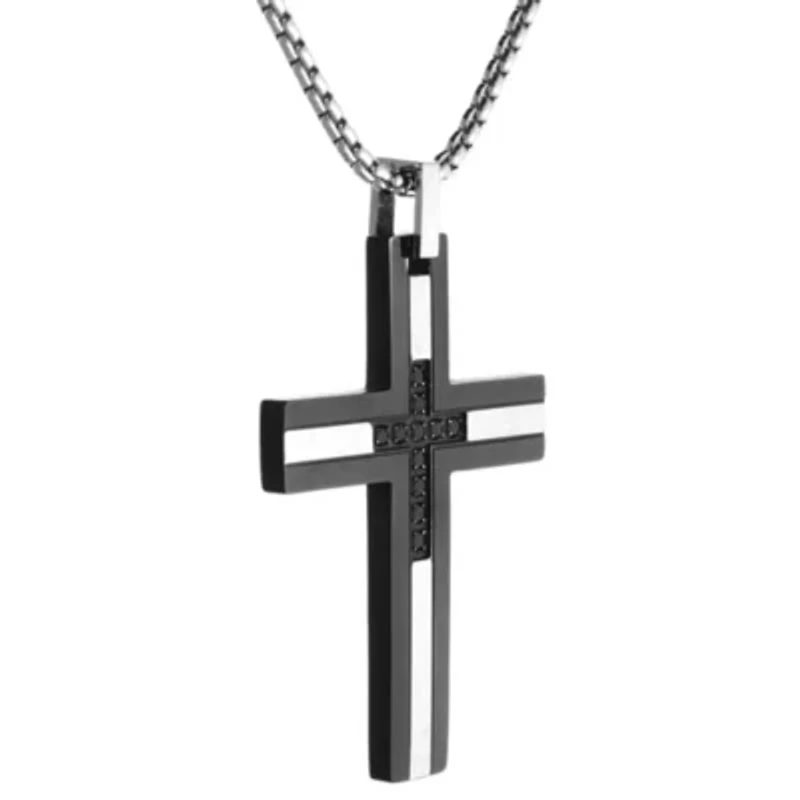 Stainless Steel 1/6 ct. TDW Black Diamond Cross Pendant Necklace