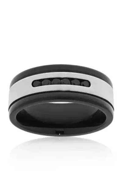Men's Stainless Steel and Black Cubic Zirconia Ring