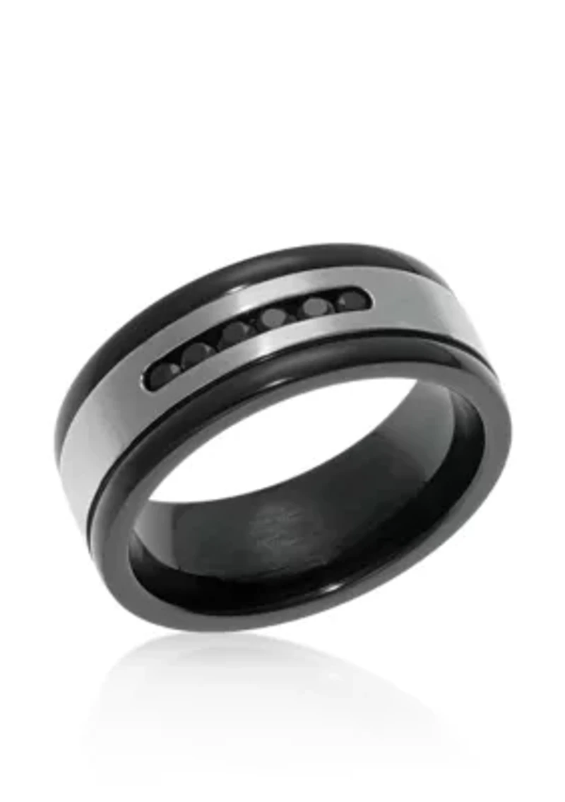 Men's Stainless Steel and Black Cubic Zirconia Ring