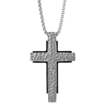 Stainless Steel Textured Two Tone Cross Pendant Necklace