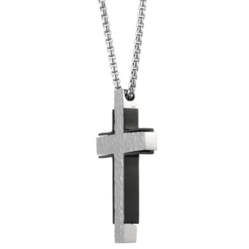 Stainless Steel Textured Two Tone Cross Pendant Necklace