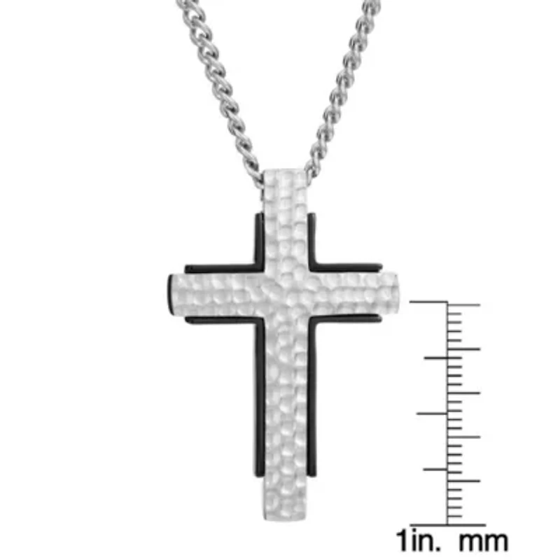 Stainless Steel Textured Two Tone Cross Pendant Necklace