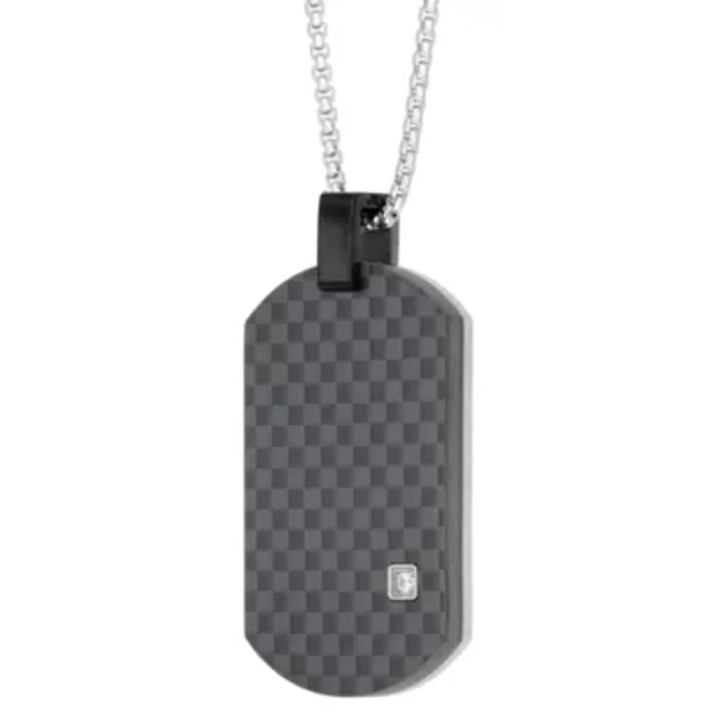 Stainless Steel Cubic Zirconia Carbon Fiber Dog Tag Pendant Necklace