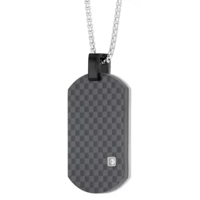 Stainless Steel Cubic Zirconia Carbon Fiber Dog Tag Pendant Necklace