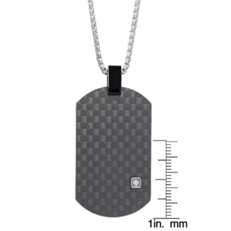 Stainless Steel Cubic Zirconia Carbon Fiber Dog Tag Pendant Necklace
