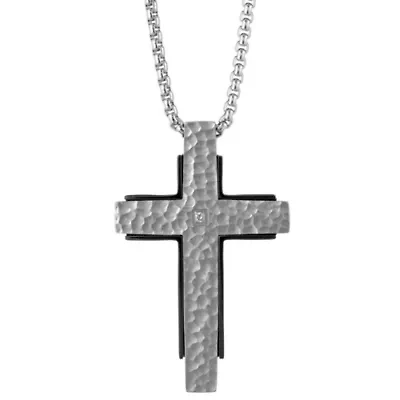 Stainless Steel Diamond Accent Cross Pendant Necklace