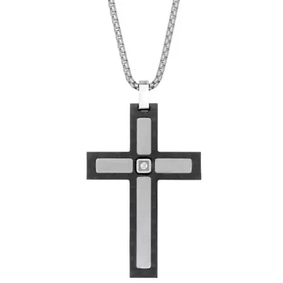 Stainless Steel Cubic Zirconia Two Tone Cross Pendant Necklace